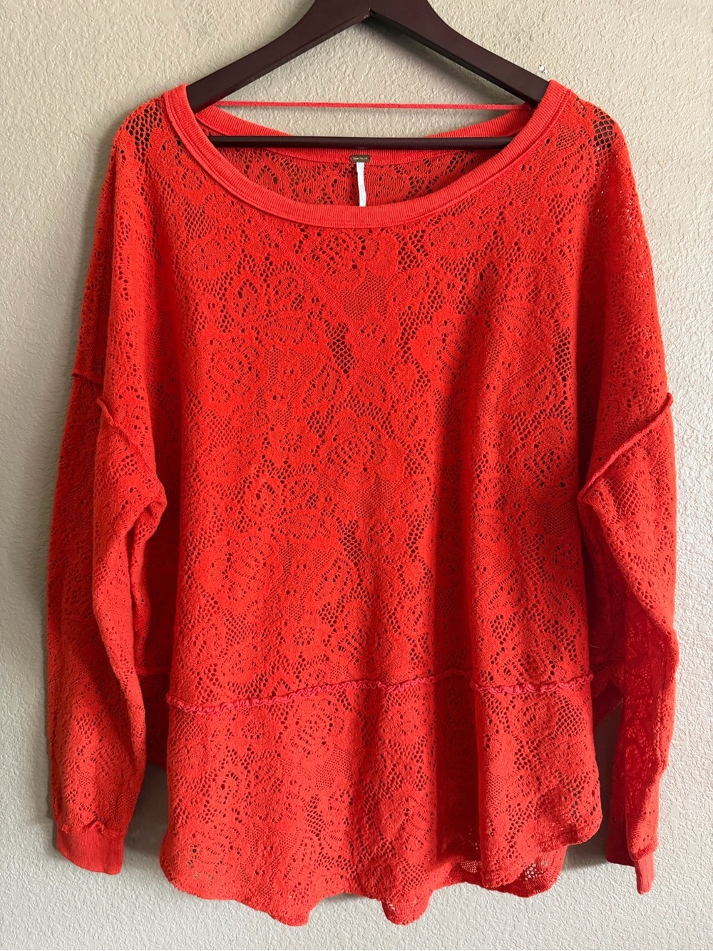Free People Bright Orange Red Floral Lace Like Knit Pullover Size Large